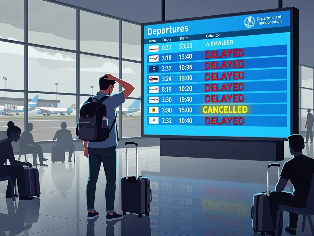 Frustrated passenger viewing a delayed flight screen, symbolizing new DOT refund rules