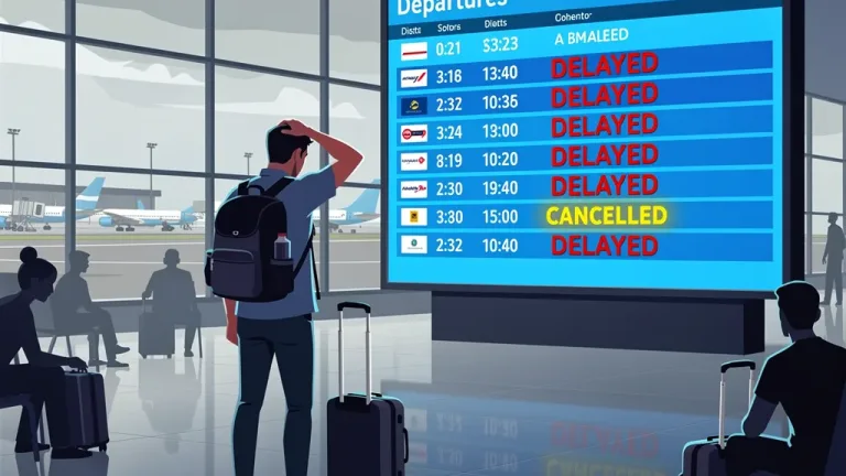 Frustrated passenger viewing a delayed flight screen, symbolizing new DOT refund rules
