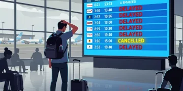 Frustrated passenger viewing a delayed flight screen, symbolizing new DOT refund rules