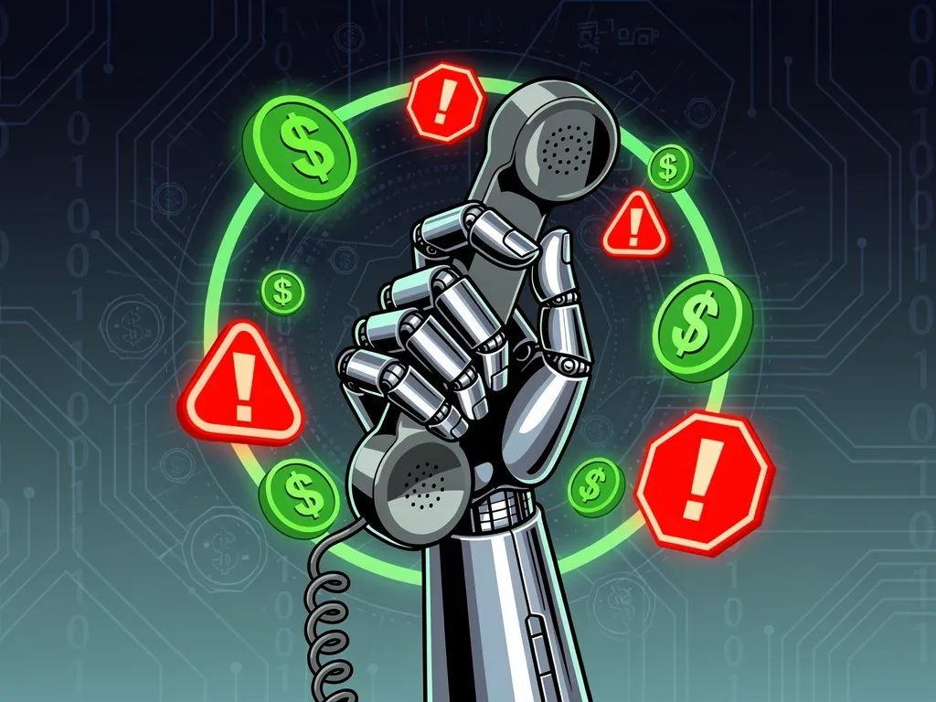 Robotic hand with phone, illustrating illegal AI robocalls and fines.