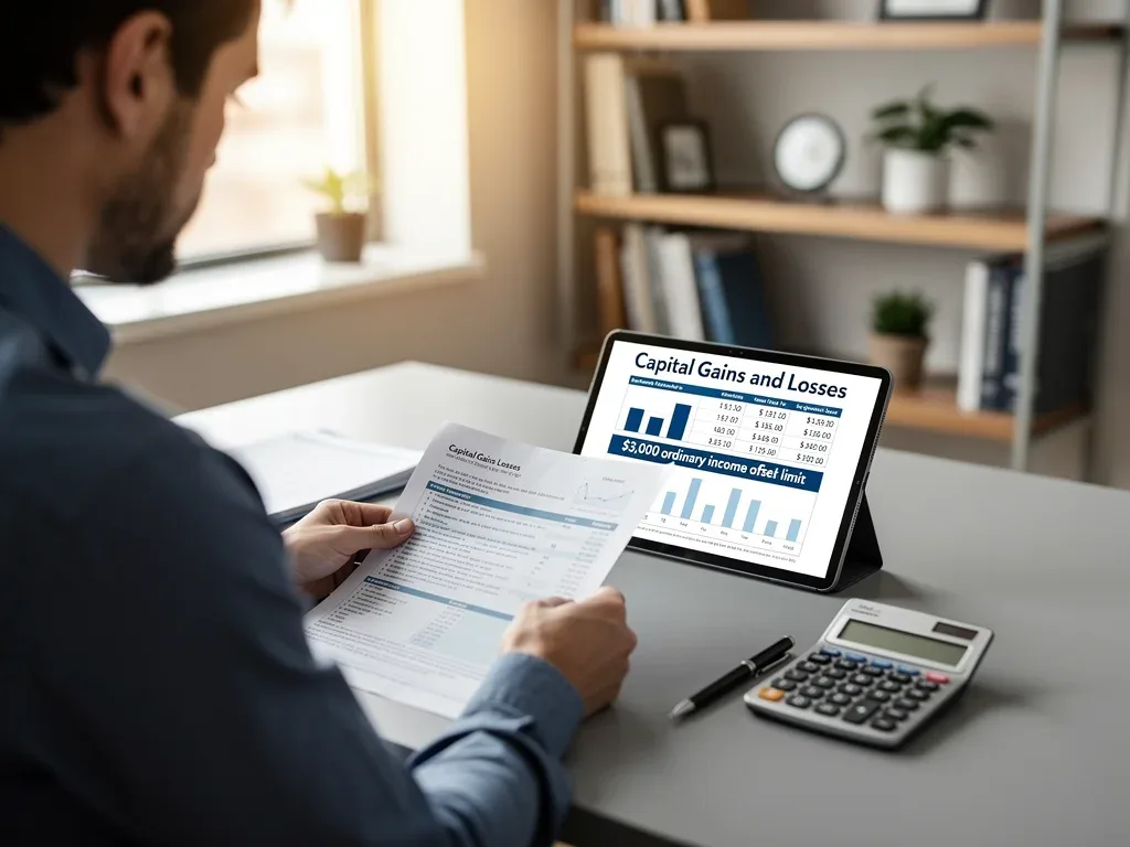 Individual reviewing tax forms and financial statements for tax implications.