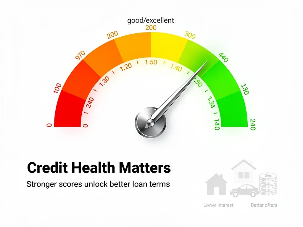 Credit score meter showing good credit health