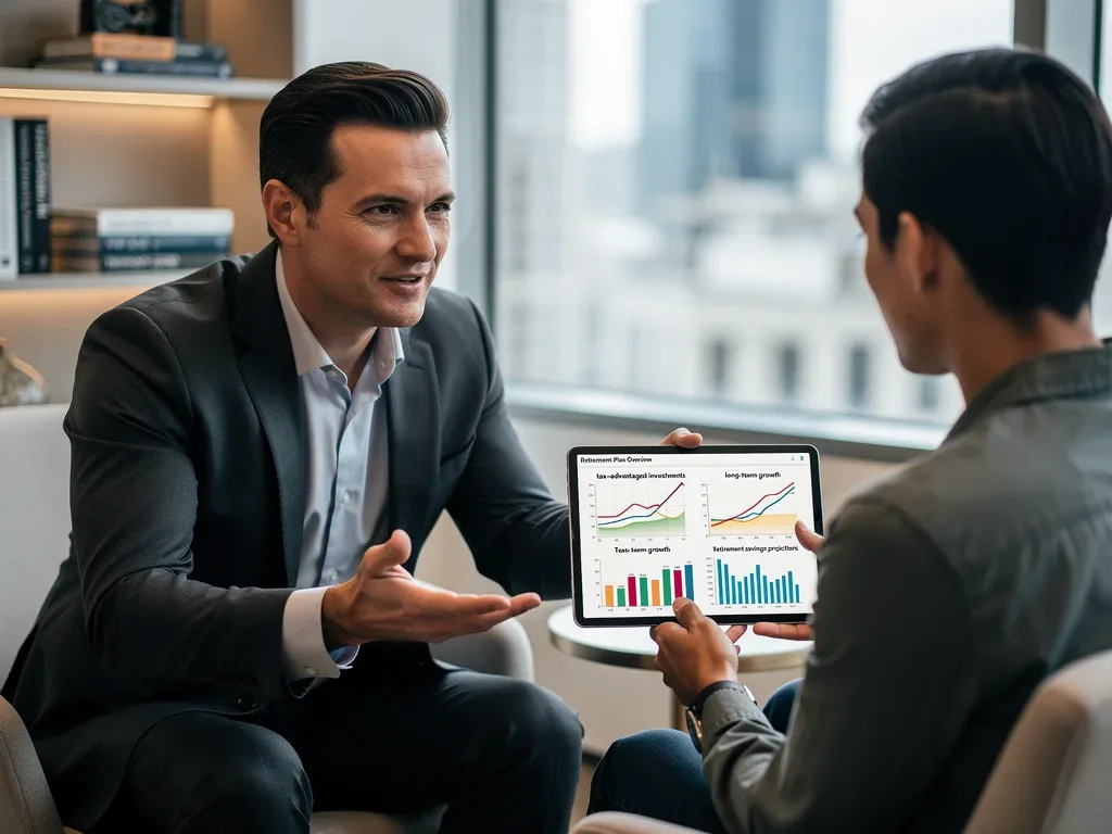 Financial advisor explaining retirement planning and tax strategies to a client.