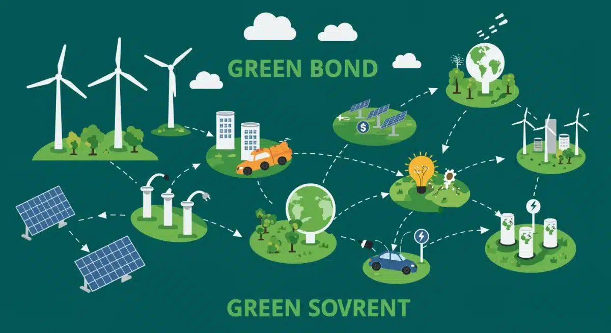 Illustration of renewable energy projects funded by green bond investments.