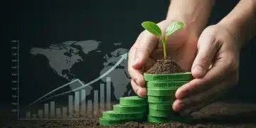 Hands holding a seedling on green bonds, symbolizing sustainable investment growth.