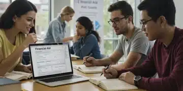 Diverse college students studying, focusing on financial aid forms and textbooks