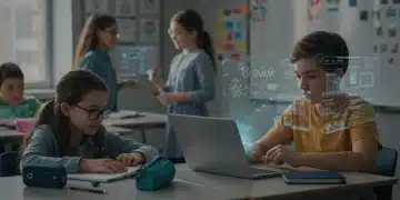 Students interacting with AI-enhanced learning tools in a modern K-12 classroom setting, illustrating the future of education.