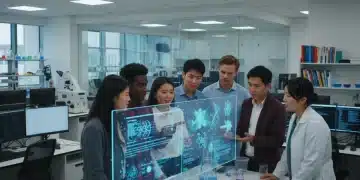 Diverse students collaborating in a modern STEM lab, boosting STEM enrollment