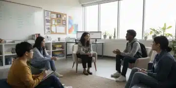 School counselor engaging with diverse students in a modern office setup