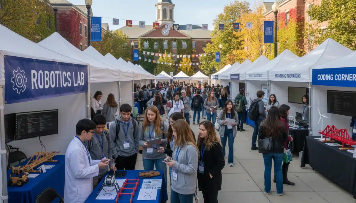 High school students engaging with STEM exhibits at a university open house