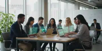 Diverse U.S. professionals upskilling with micro-credentials, actively learning in a modern co-working environment.