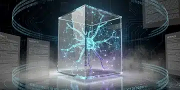 Futuristic AI neural network with data streams and regulatory documents