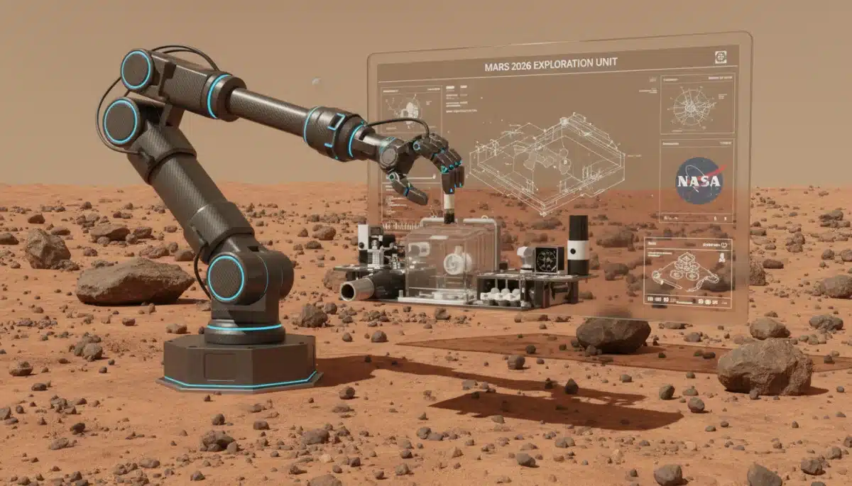Advanced robotic arm on simulated Martian terrain for NASA missions.